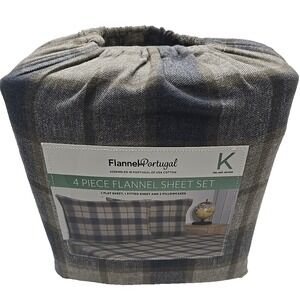 Flannel From Portugal Winter‎ Check Flannel Sheet Set 4 Piece King 100% Cotton